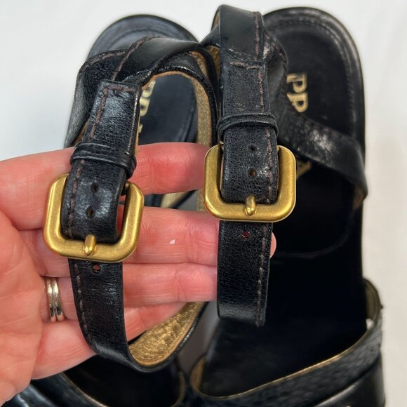 Prada Patchwork Wedges Retro Leather Wood Cork Y2K Boho Platform Heel Black 39.5 - Picture 15 of 16